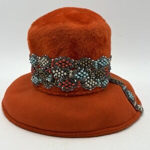 Vintage MCM Orange Fuzzy Felt Bucket Hat Turquoise Beaded Trim Festival 1950s